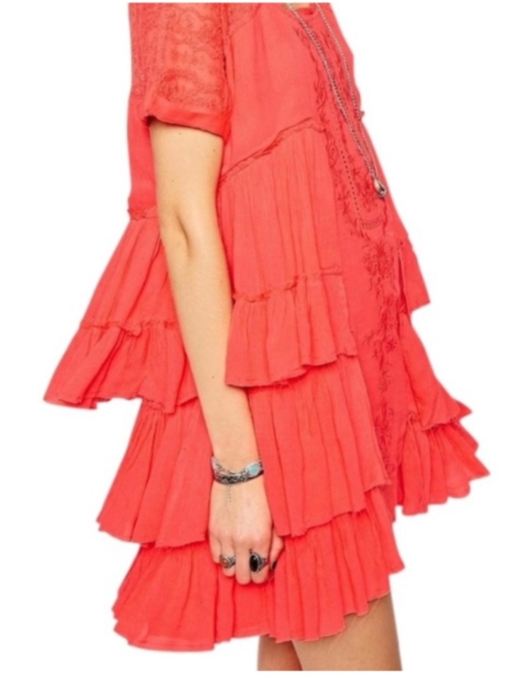 Free People Coral Sunbeams Embroidered Boho Lace Tiered Mini Dress Size Small